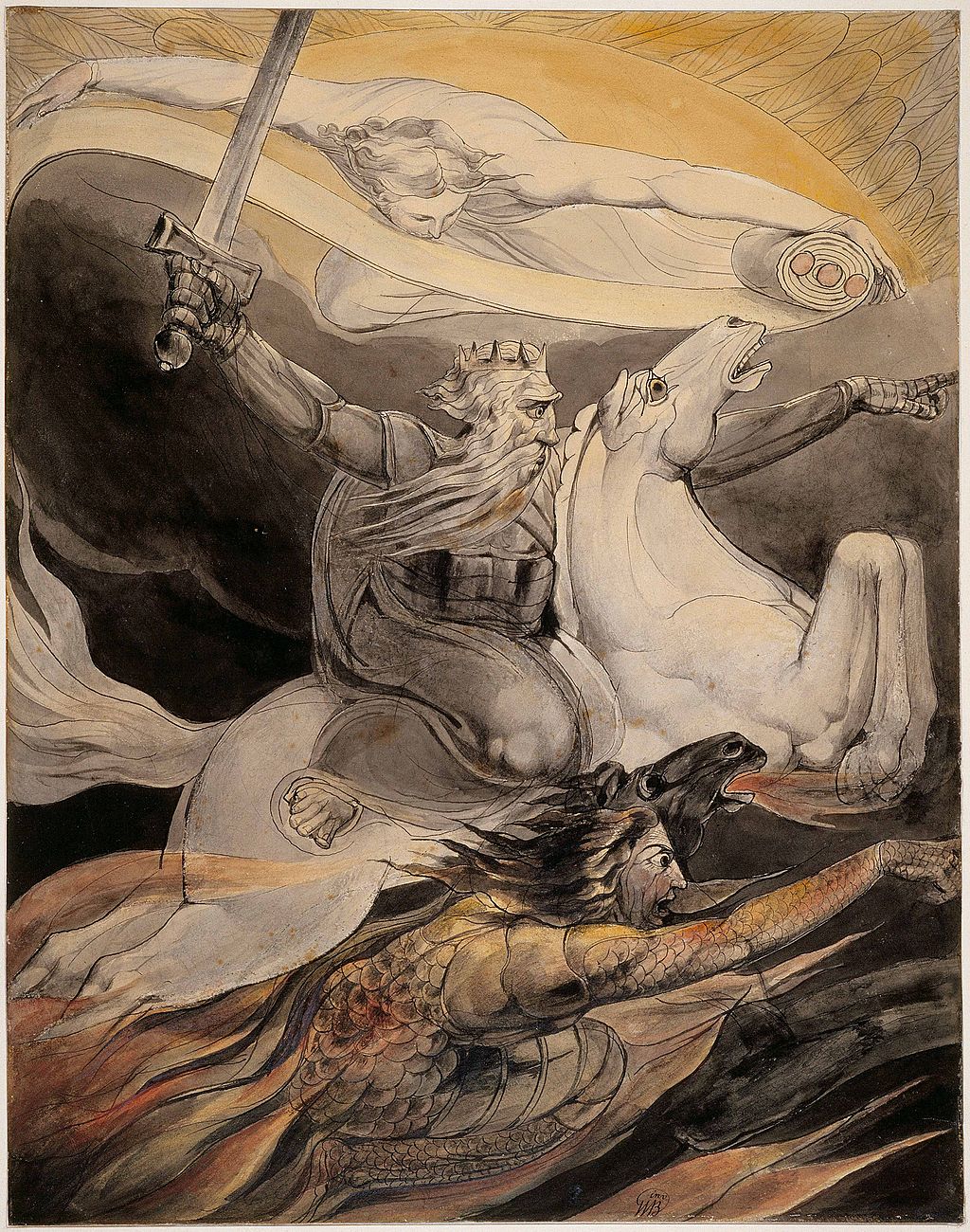 Ilustração de William Blake com figuras humanas e animais em uma composição simbólica.
