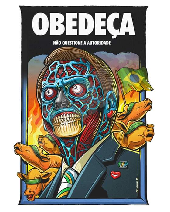 Cartaz ilustrado com a palavra Obedeça e uma figura de aparência humana sob controle político.