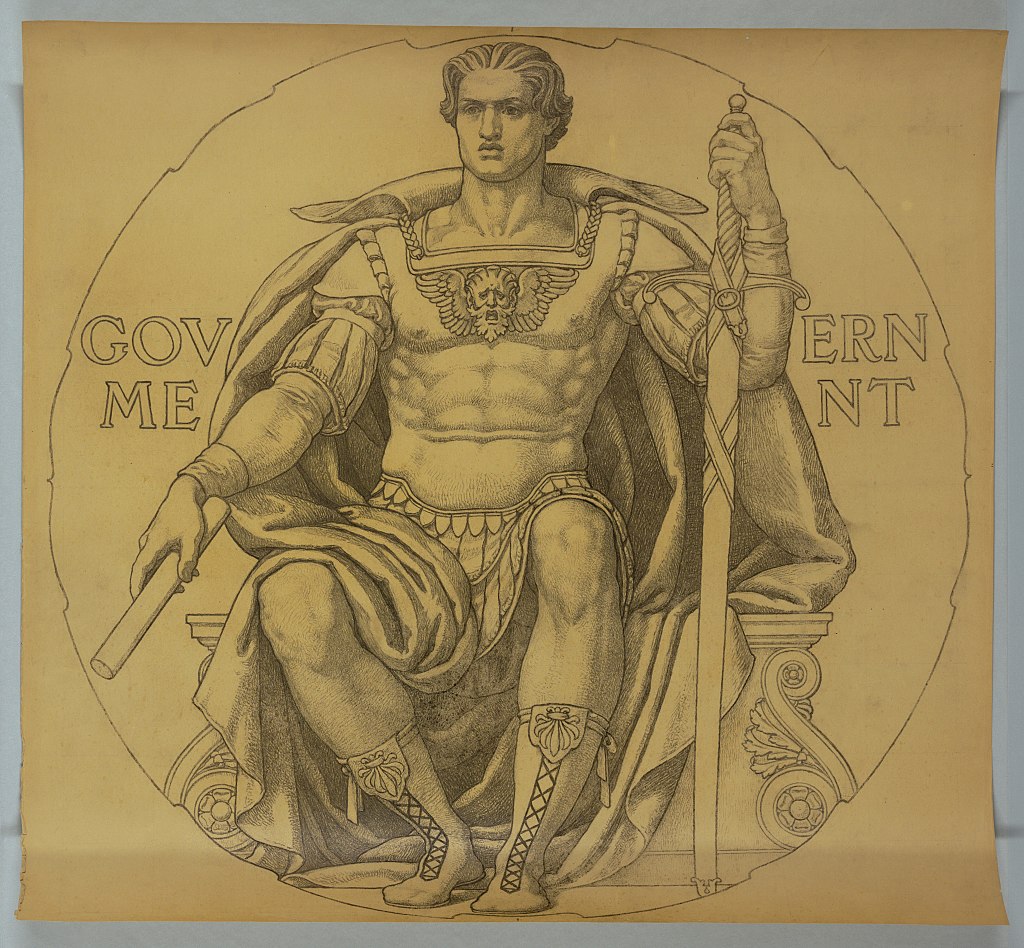 Desenho alegórico de uma figura identificada como Governo, sentada e segurando uma espada.