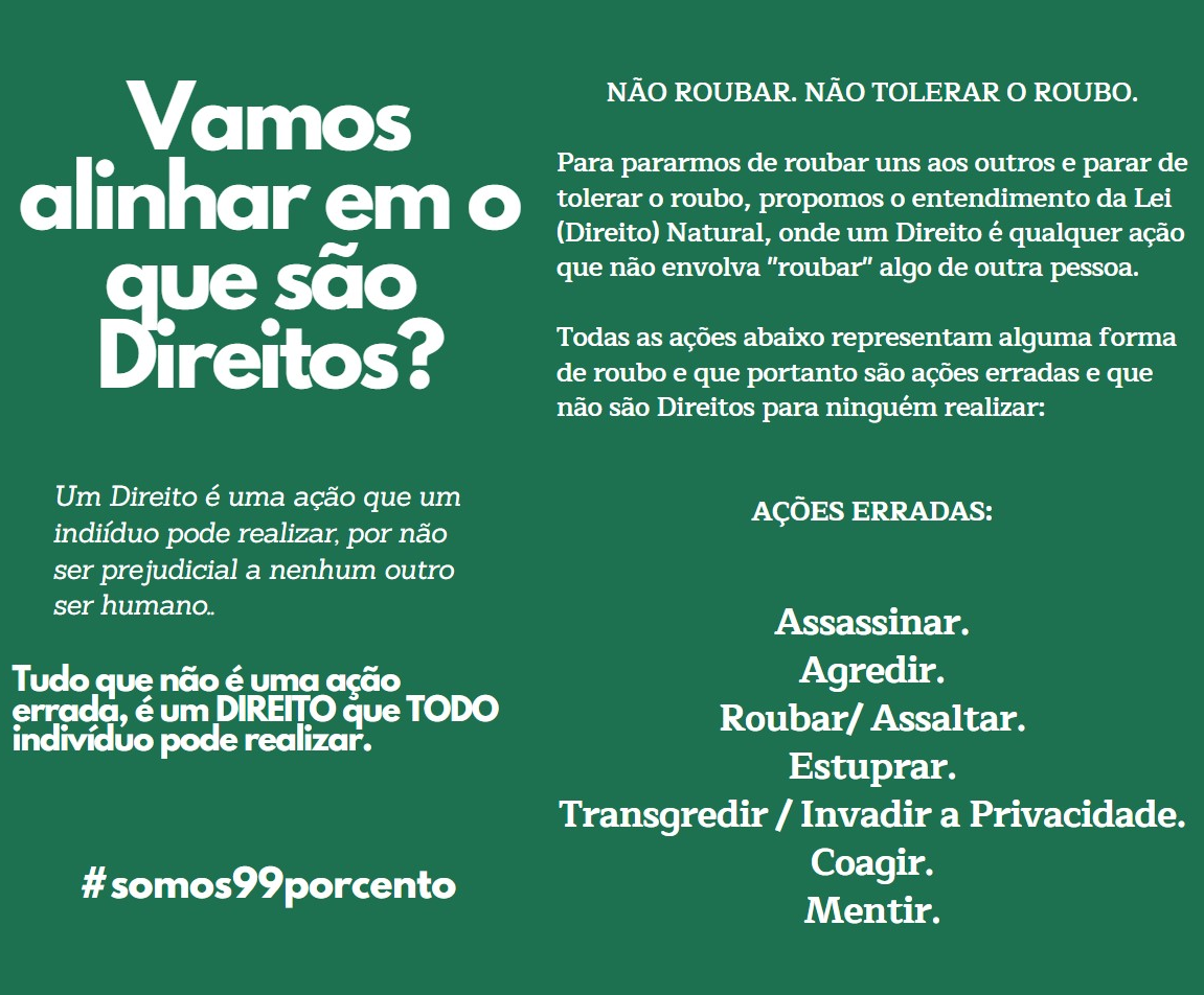 Cartaz verde diferencia Direitos de ações como agredir, roubar, invadir a privacidade, coagir e mentir.