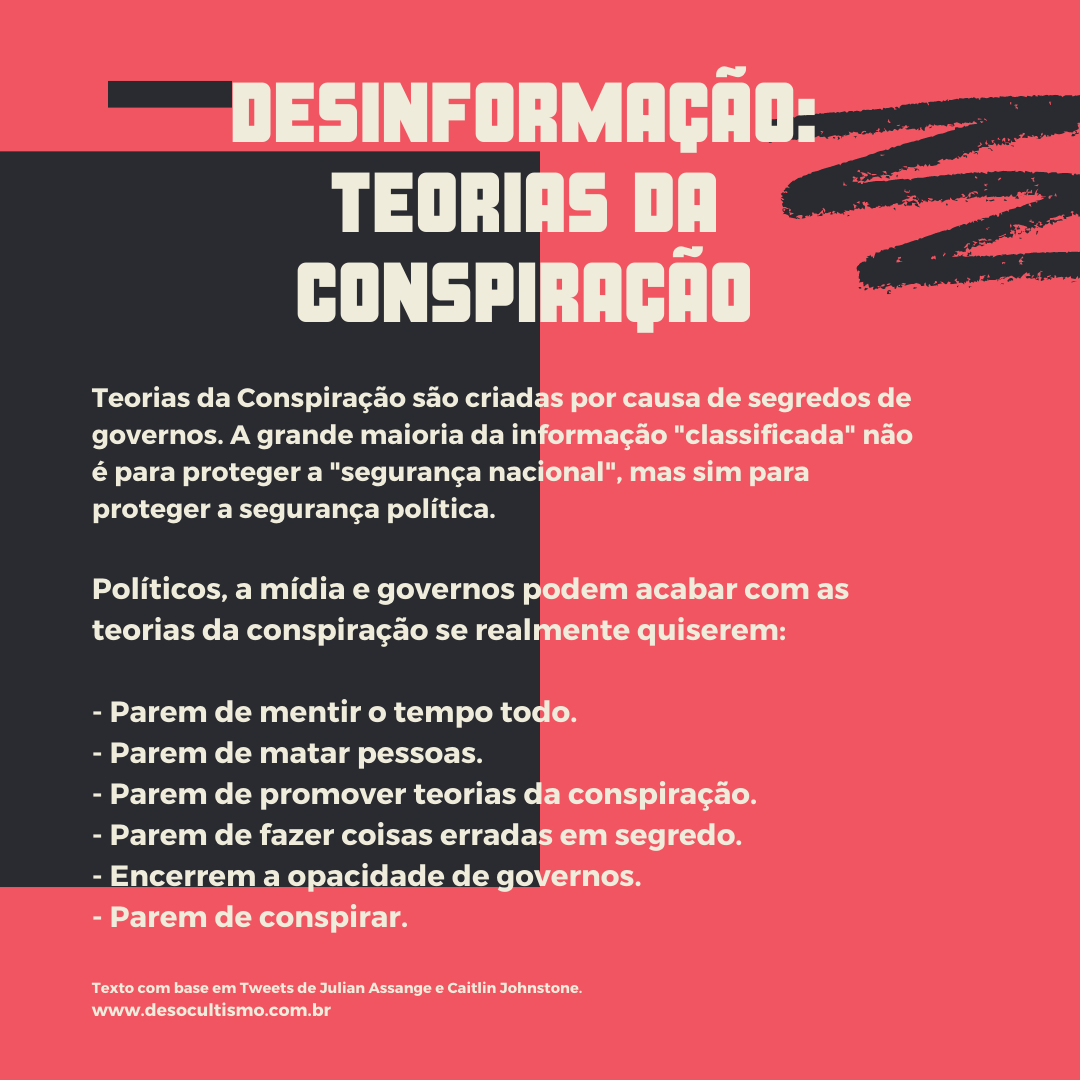Cartaz vermelho e preto relaciona desinformação, segredos de governo e teorias da conspiração.