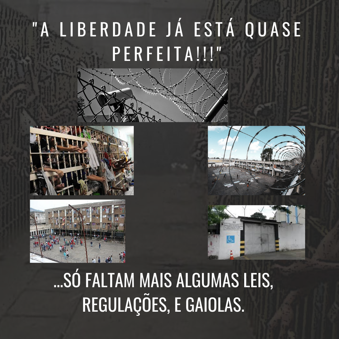 Colagem escura de cercas e espaços confinados ironiza a ideia de uma liberdade quase perfeita.